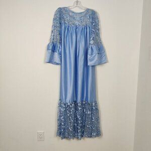 Vintage Women's Blue Satin Night Gown Once Size Lace Bell Sleeve Retro